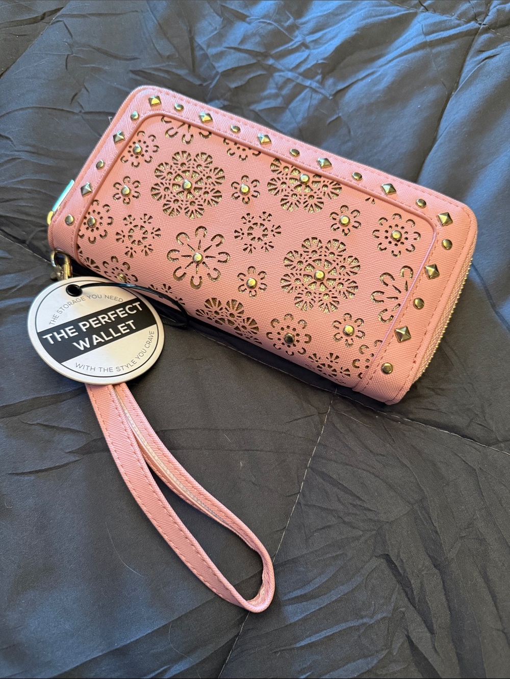 🌸 Women's Pink Floral Cutout Wristlet Wallet with Stud Accents NEW